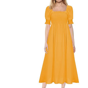 BOHO smocked midi Dress with Puff gathered Sleeves full skirt square neck yellow